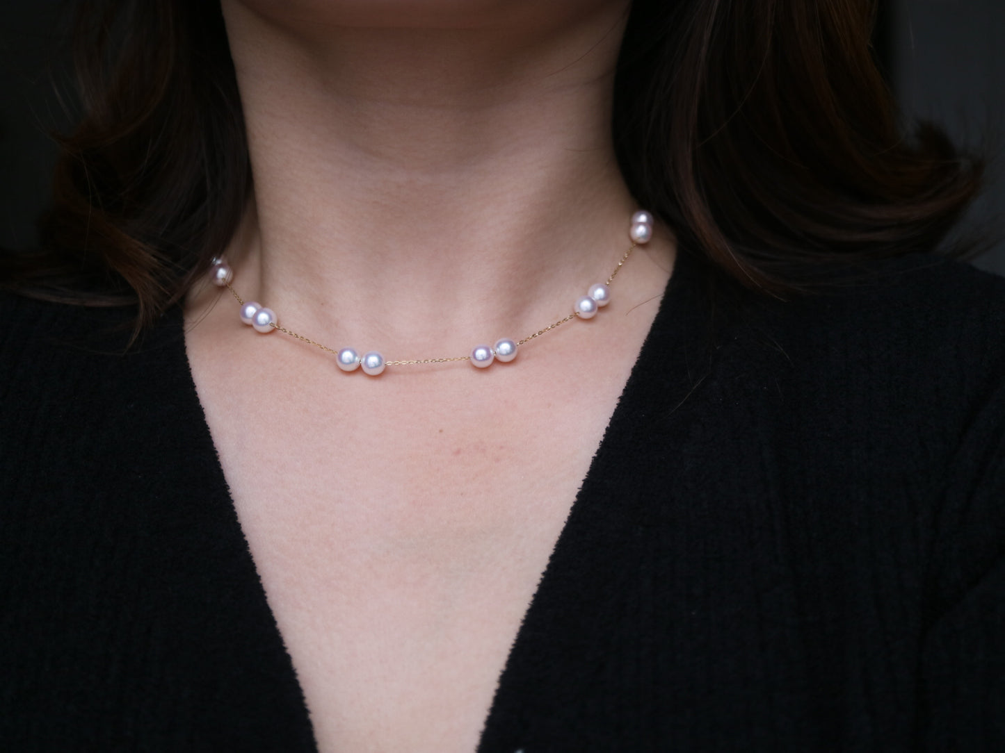 Movable 6mm Akoya Pearl Station Necklace 18K Yellow Gold All-in-One