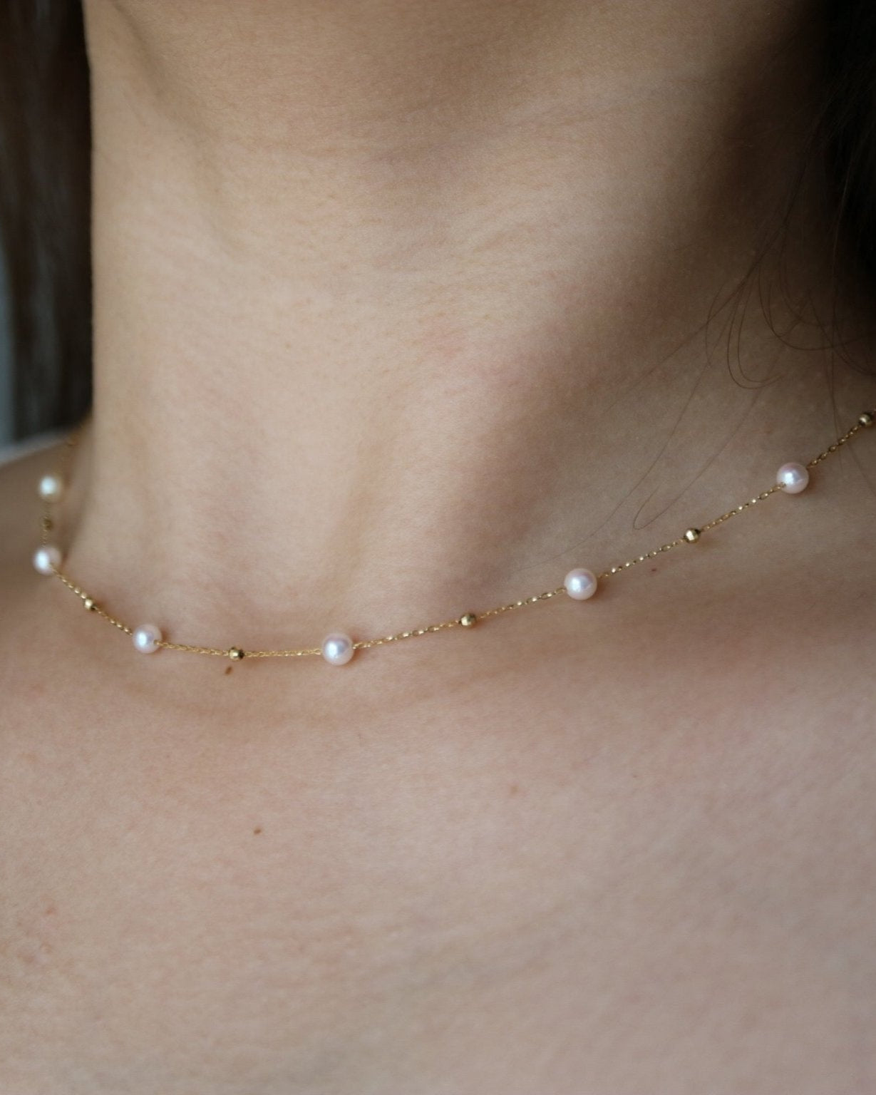 4.5 mm Akoya Pearl Beaded Station Necklace in 18K Gold - KOKOPEARLJEWELRY - 1