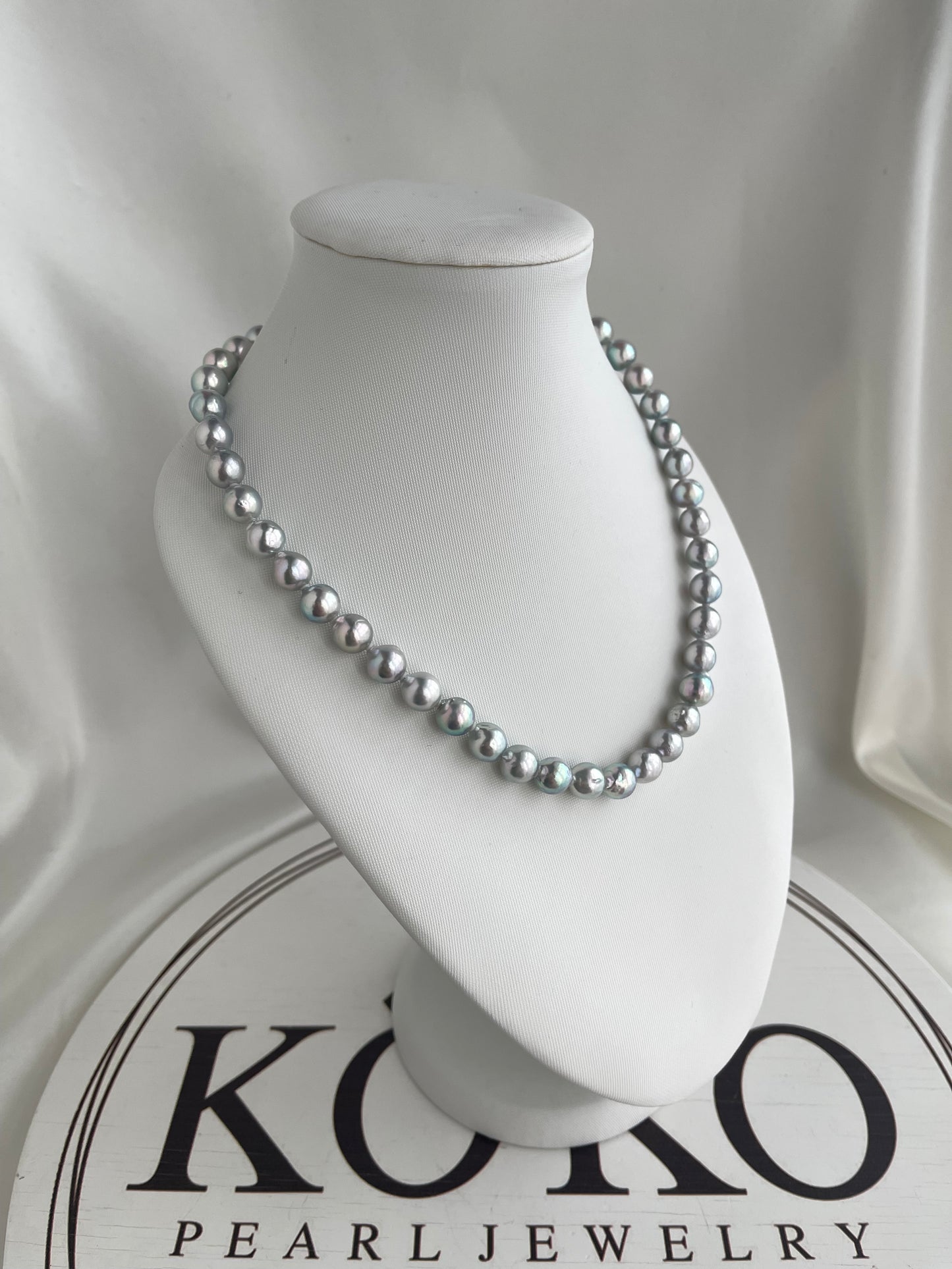Certified 8.5mm Natural Silver Blue Tone Baroque Shaped Akoya Pearl Strand Necklace