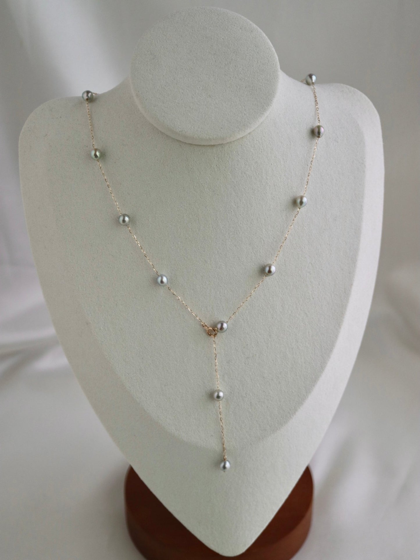 Natural Silver Blue Baroque Akoya Pearl Station Necklace 10K Yellow Gold - KOKOPEARLJEWELRY - 5