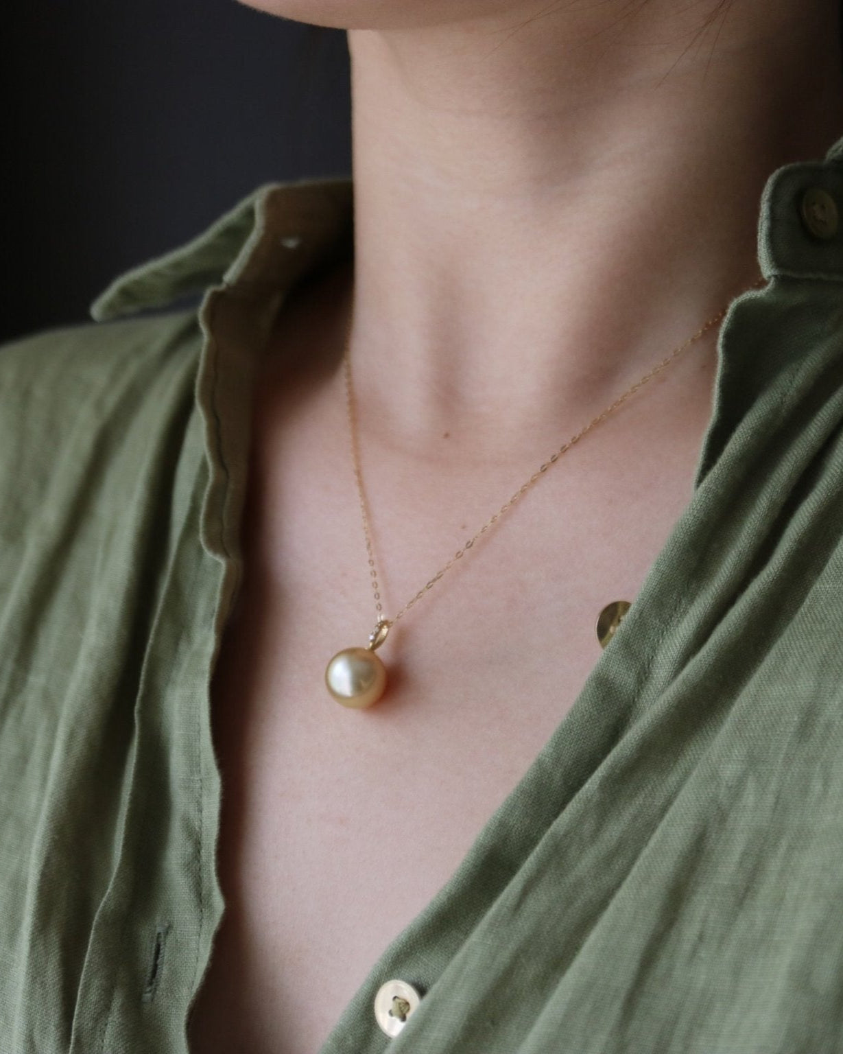 11mm Golden South Sea Pearl Diamond Pendant Necklac 18K Yellow Gold - KOKOPEARLJEWELRY - 2