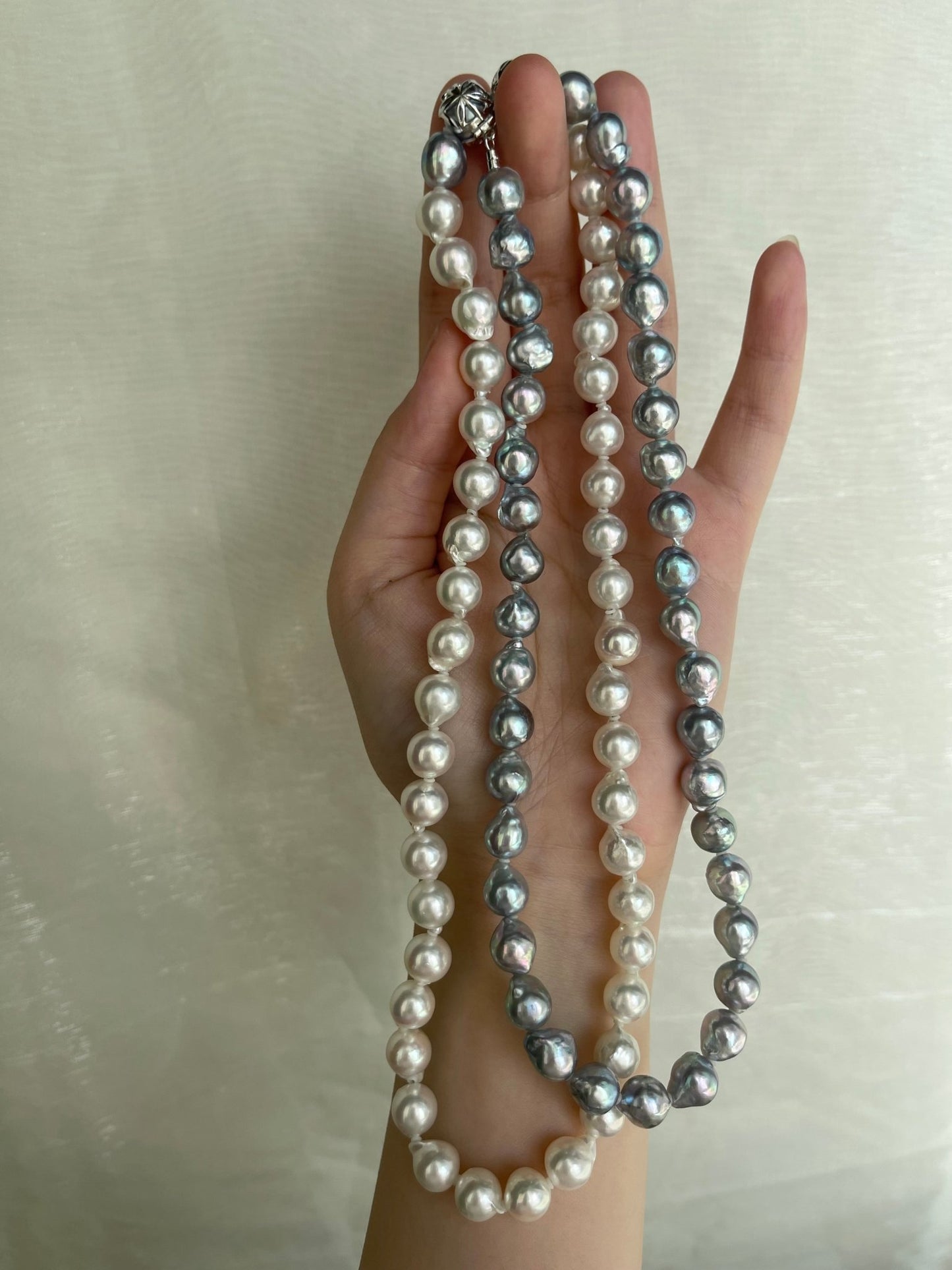 Certified Natural Silver Blue & White Color 8.5mm Baroque Shaped Akoya Pearl Long Necklace - KOKOPEARLJEWELRY - 7
