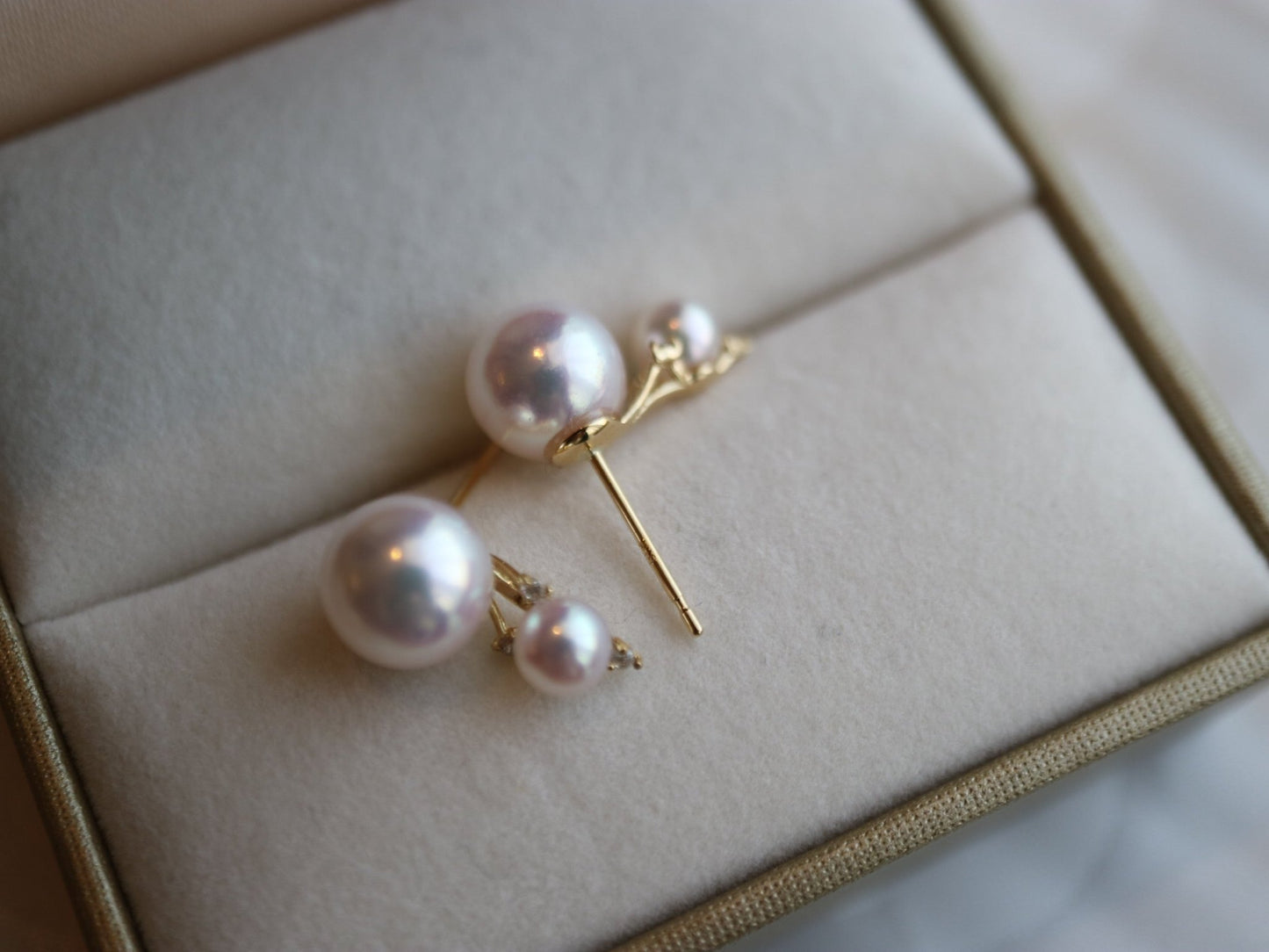 4+7.5mm Double Akoya Pearl Diamond Stud Earrings 18K Yellow Gold - KOKOPEARLJEWELRY - 7