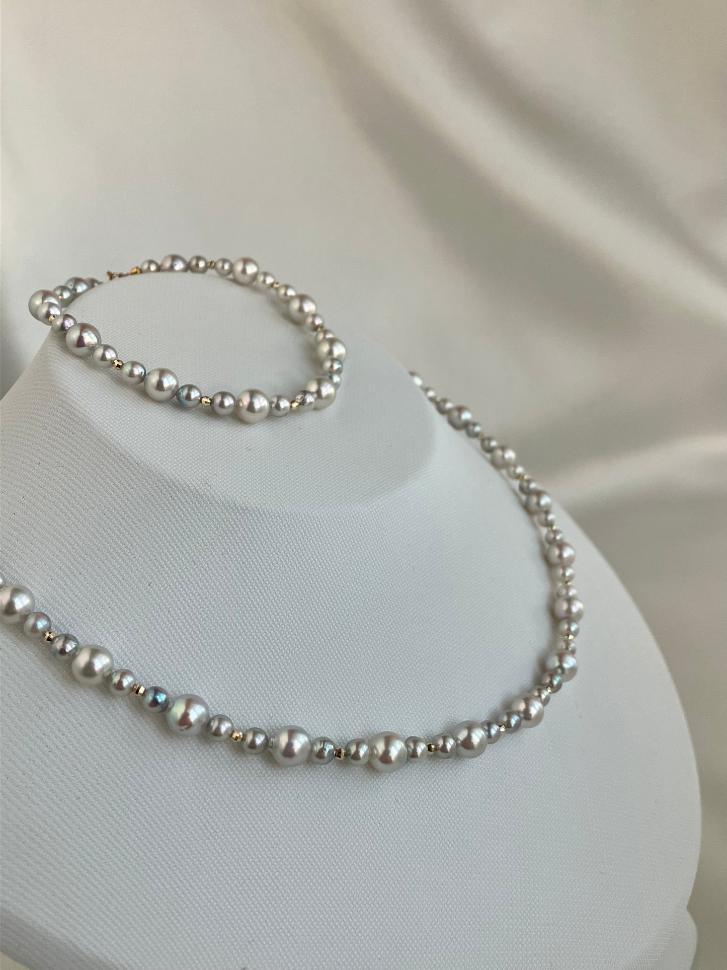 4+6mm Natural Silver Blue Akoya Pearl Beads Necklace & Bracelet 18K Gold