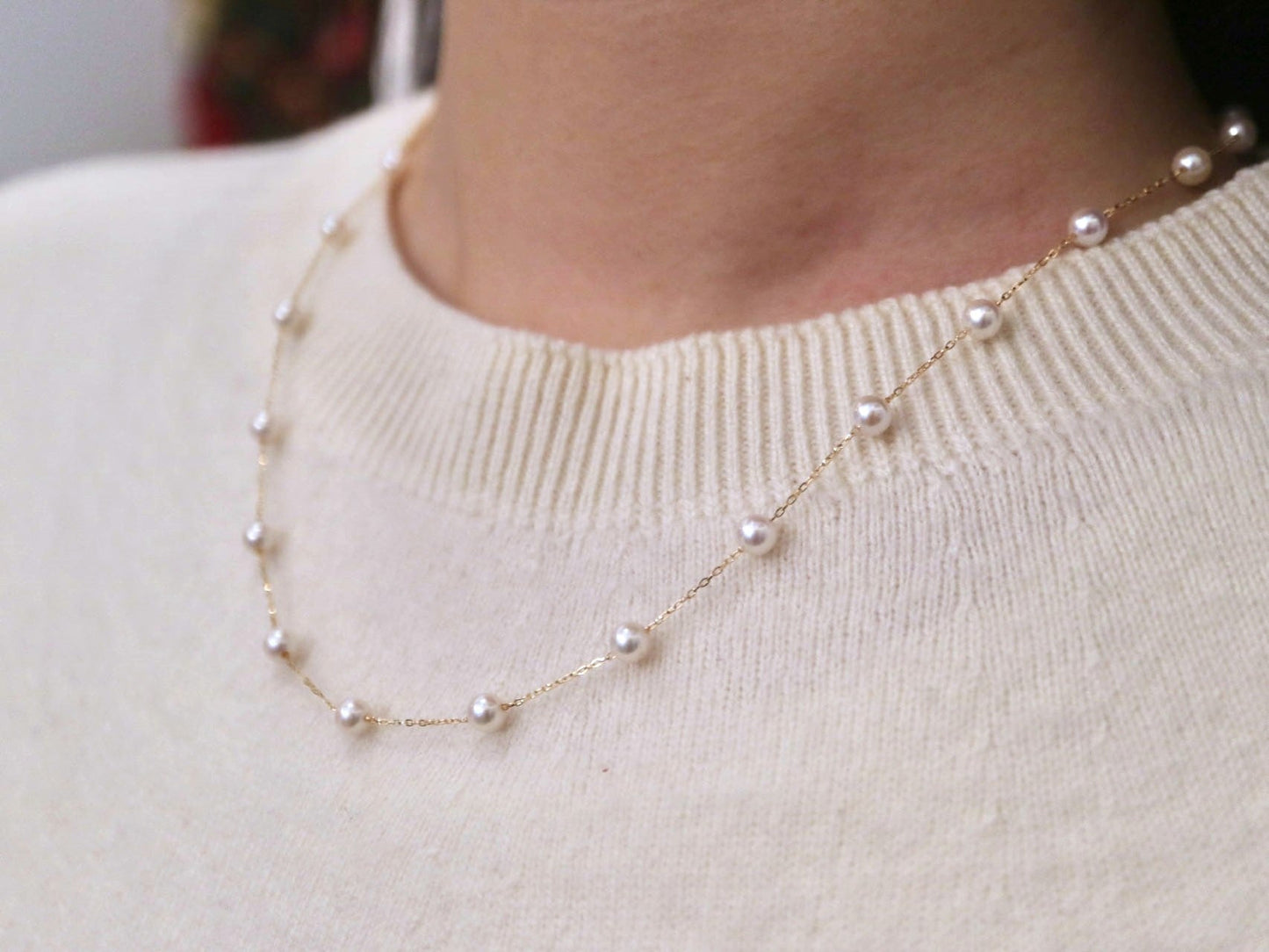 Mirror Like Lustre 4mm Akoya Pearl Station Necklace 18k Yellow Gold - KOKOPEARLJEWELRY - 1
