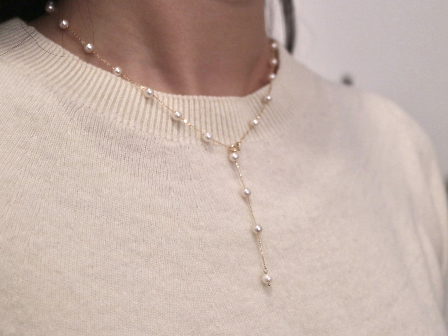 Mirror Like Lustre 4mm Akoya Pearl Station Necklace 18k Yellow Gold - KOKOPEARLJEWELRY - 2