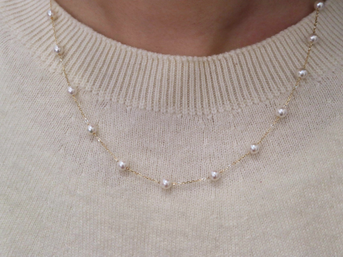 Mirror Like Lustre 4mm Akoya Pearl Station Necklace 18k Yellow Gold - KOKOPEARLJEWELRY - 3