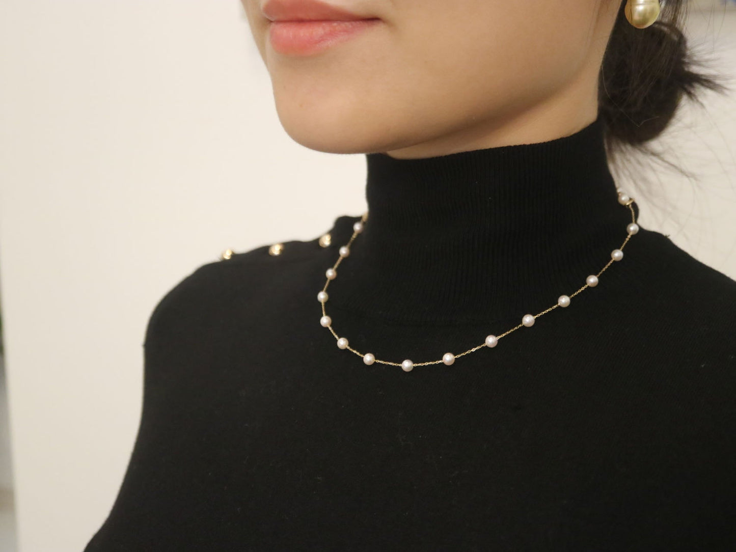 Mirror Like Lustre 4mm Akoya Pearl Station Necklace 18k Yellow Gold - KOKOPEARLJEWELRY - 4
