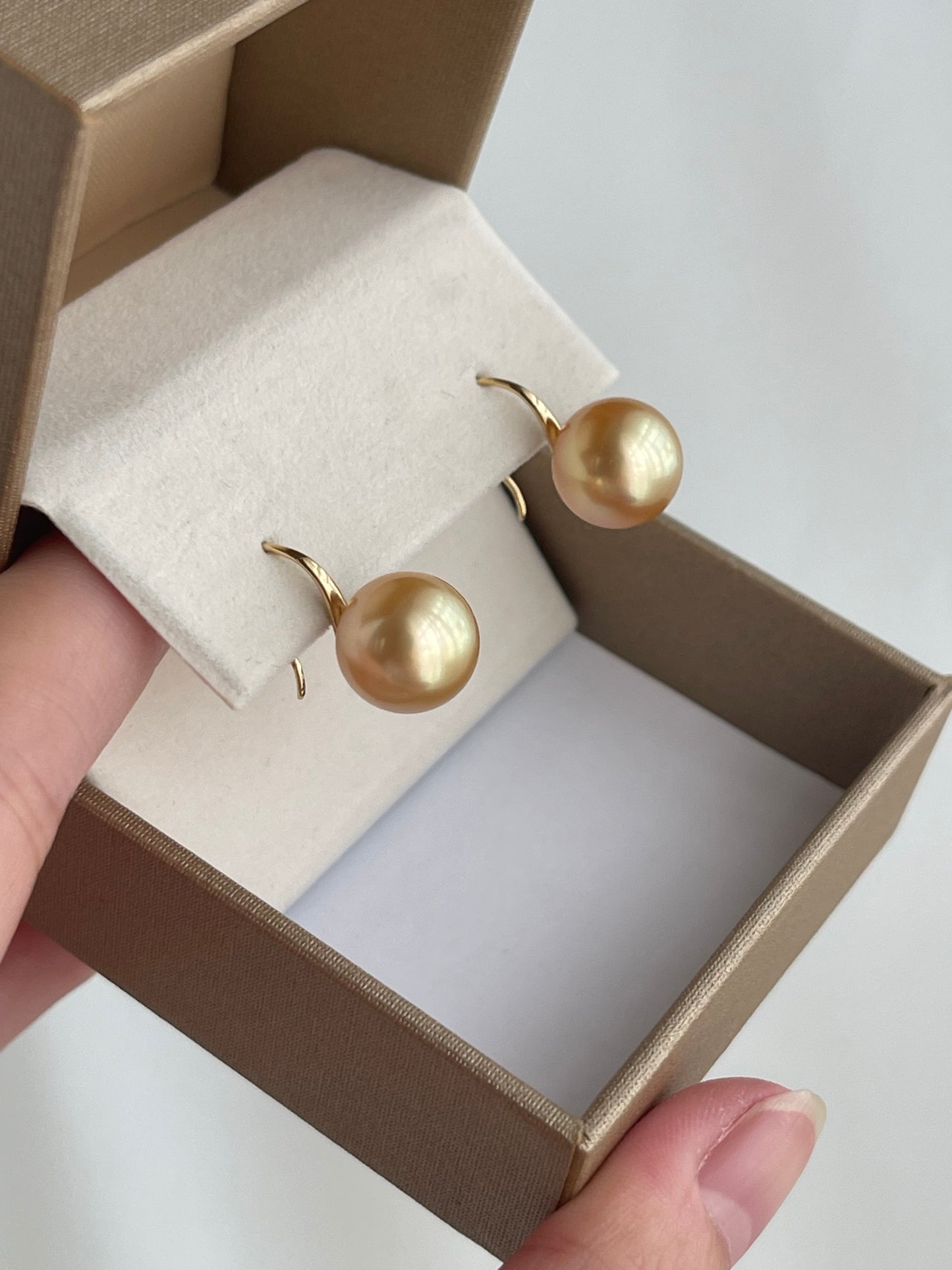 10mm Golden South Sea Pearl Drop Hook Earrings 18K Yellow Gold