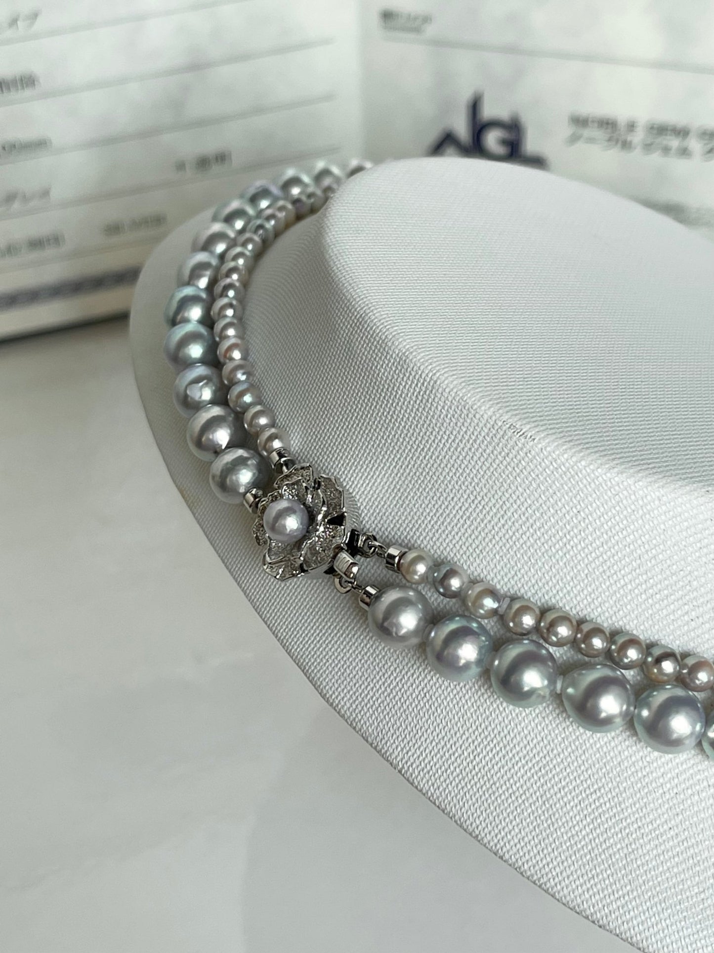 Certified Natural Silver Blue Baroque Akoya Pearl Double Layered Strand Necklace - KOKOPEARLJEWELRY - 7