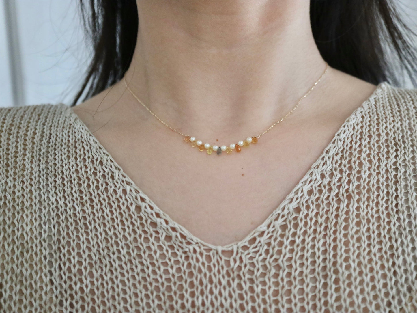 Rare Sized 2.5mm Akoya Pearl Rainbow Color Sapphire Smile Necklace 10K Yellow Gold - KOKOPEARLJEWELRY - 5