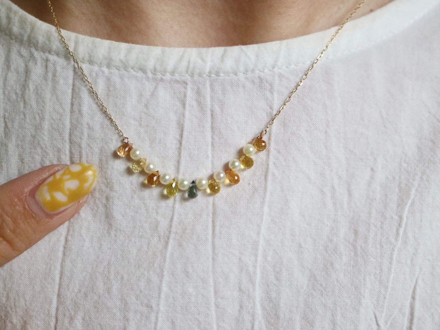 Rare Sized 2.5mm Akoya Pearl Rainbow Color Sapphire Smile Necklace 10K Yellow Gold - KOKOPEARLJEWELRY - 1