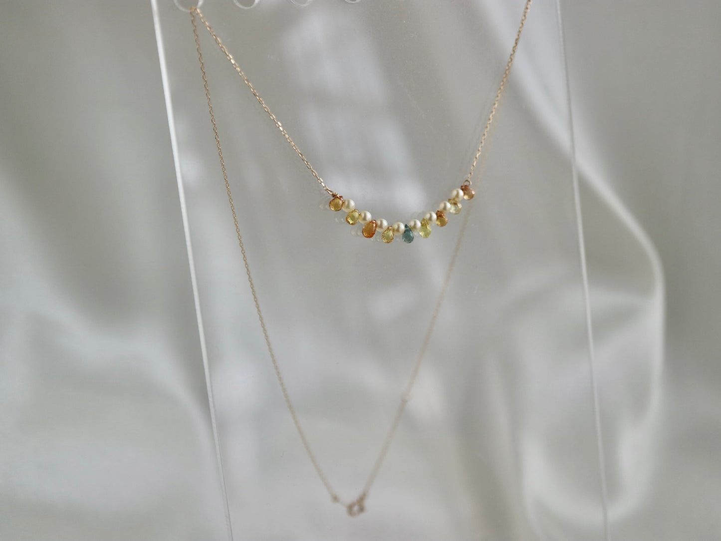 Rare Sized 2.5mm Akoya Pearl Rainbow Color Sapphire Smile Necklace 10K Yellow Gold - KOKOPEARLJEWELRY - 8