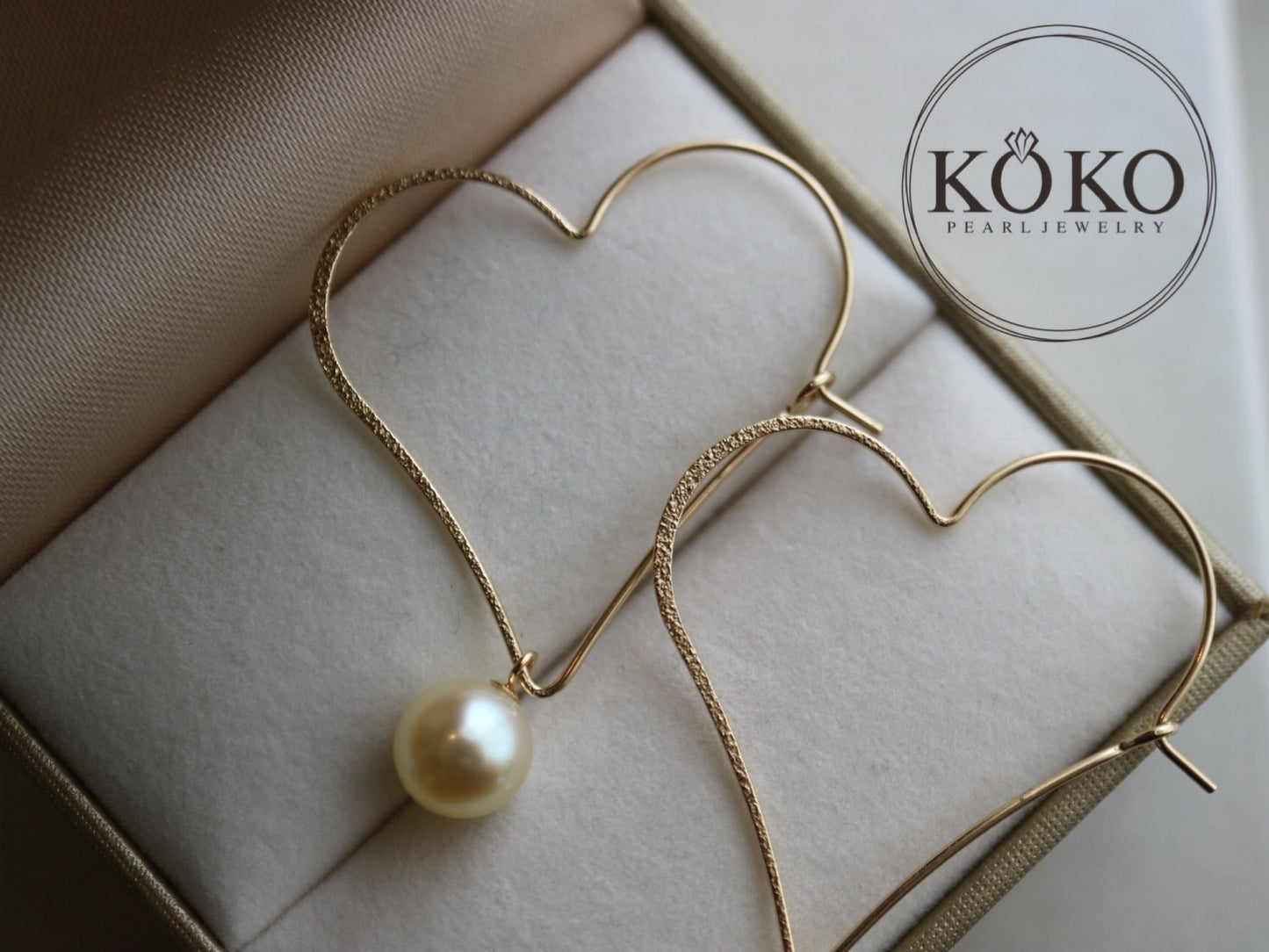 Natural Cream Golden Akoya Pearl Heart Shaped Hoop Earrings 10K Gold - KOKOPEARLJEWELRY - 5