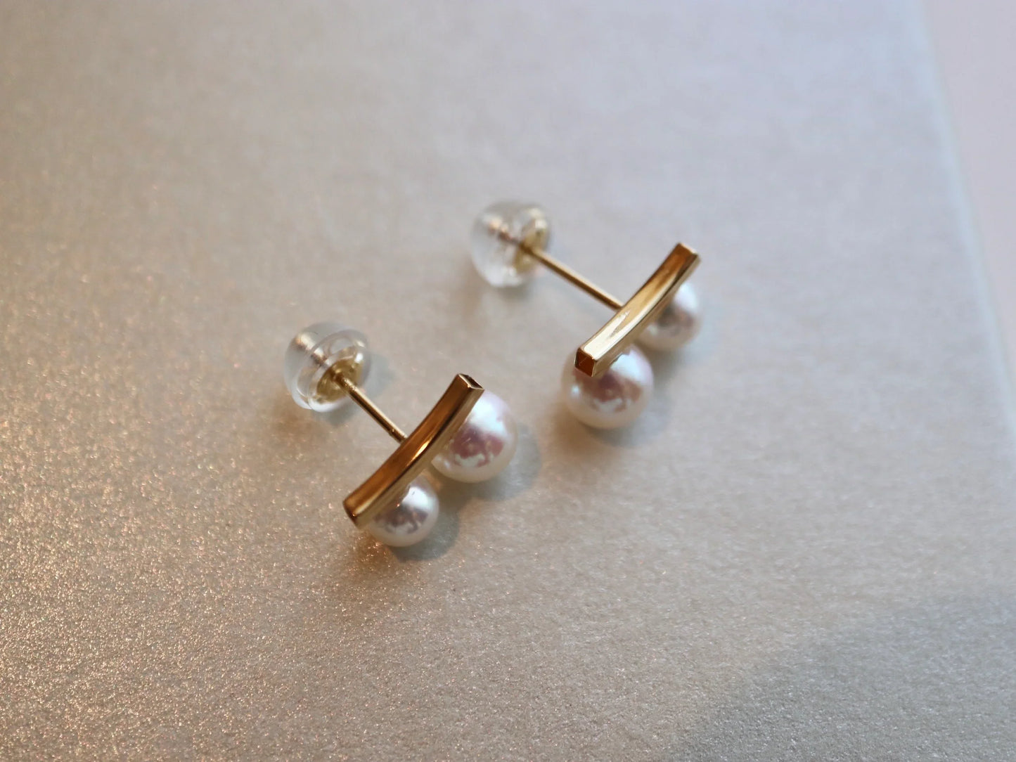 3.5+4.5mm Two Akoya Pearl Bar Stud Earrings 18K Yellow Gold - KOKOPEARLJEWELRY - 10