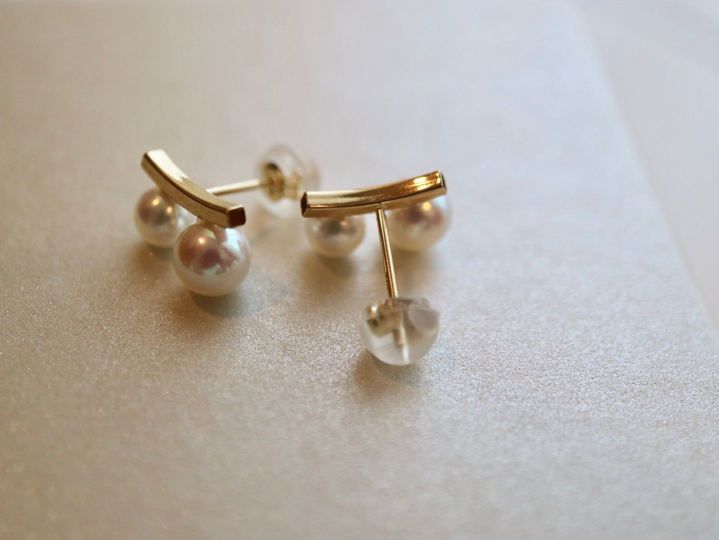 3.5+4.5mm Two Akoya Pearl Bar Stud Earrings 18K Yellow Gold - KOKOPEARLJEWELRY - 8