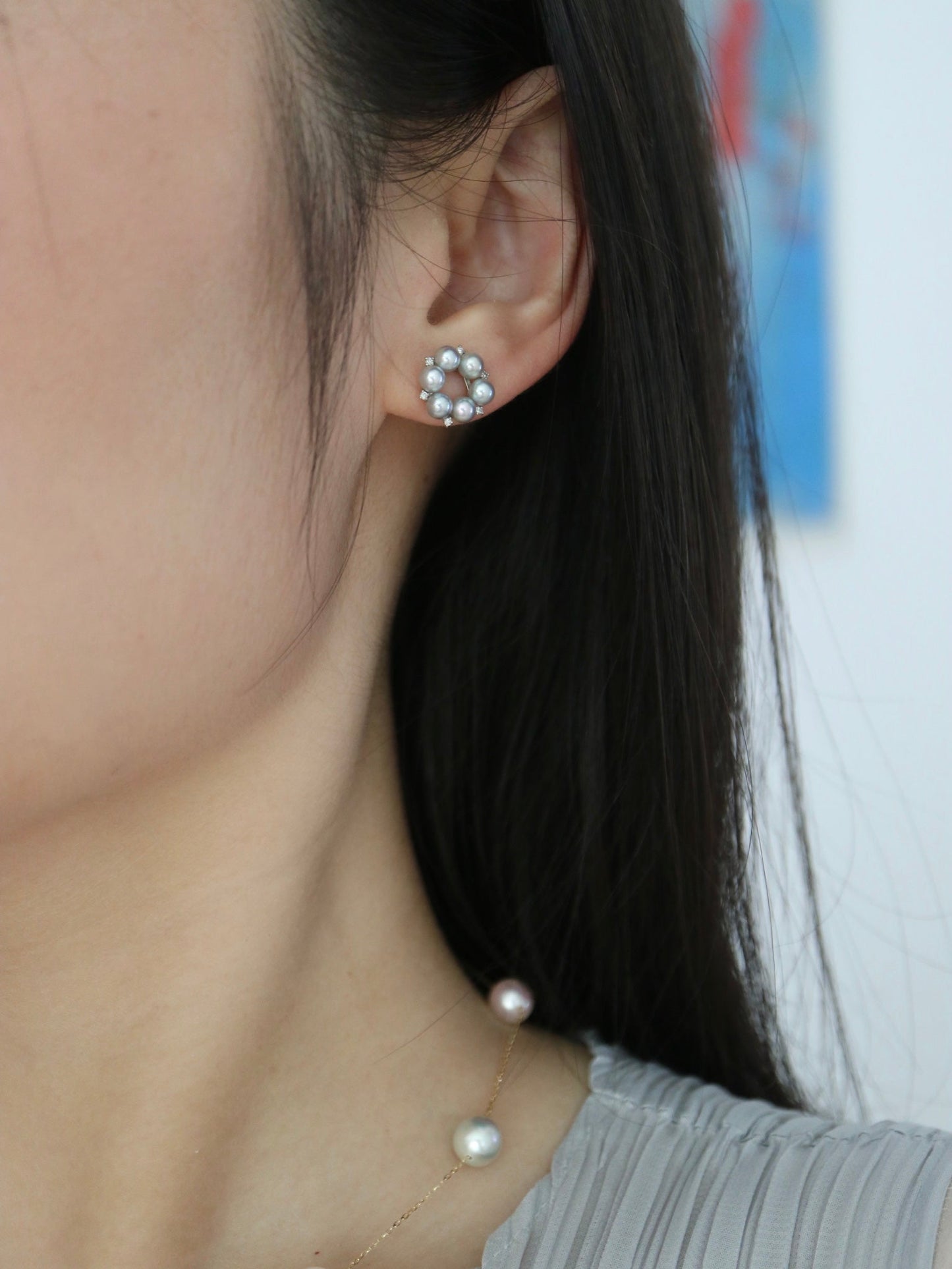 Rare Size 3.5mm Natural Silver Blue Akoya Pearl Diamond Halo Stud Earrings Pt900 Platinum - KOKOPEARLJEWELRY - 3