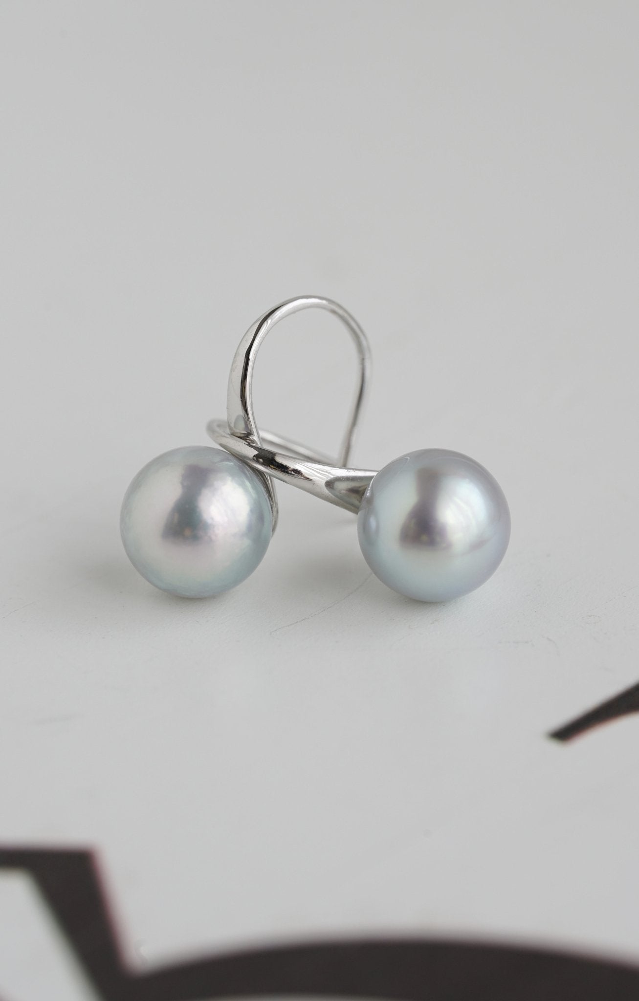 7mm Natural Silver Gray Akoya Pearl Drop Hook Earrings 18K White Gold - KOKOPEARLJEWELRY - 2
