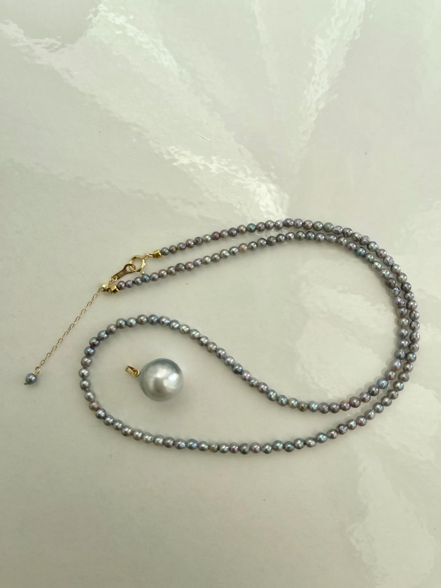Rare 2 - 3mm Natural Silver Blue Akoya Pearl Strand Necklace with Detachable South Sea Pearl Pendant - KOKOPEARLJEWELRY - 9