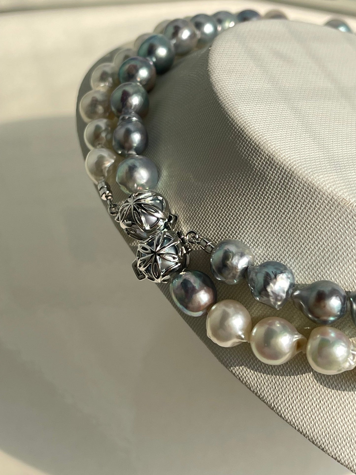 Certified Natural Silver Blue & White Color 8.5mm Baroque Shaped Akoya Pearl Long Necklace - KOKOPEARLJEWELRY - 6