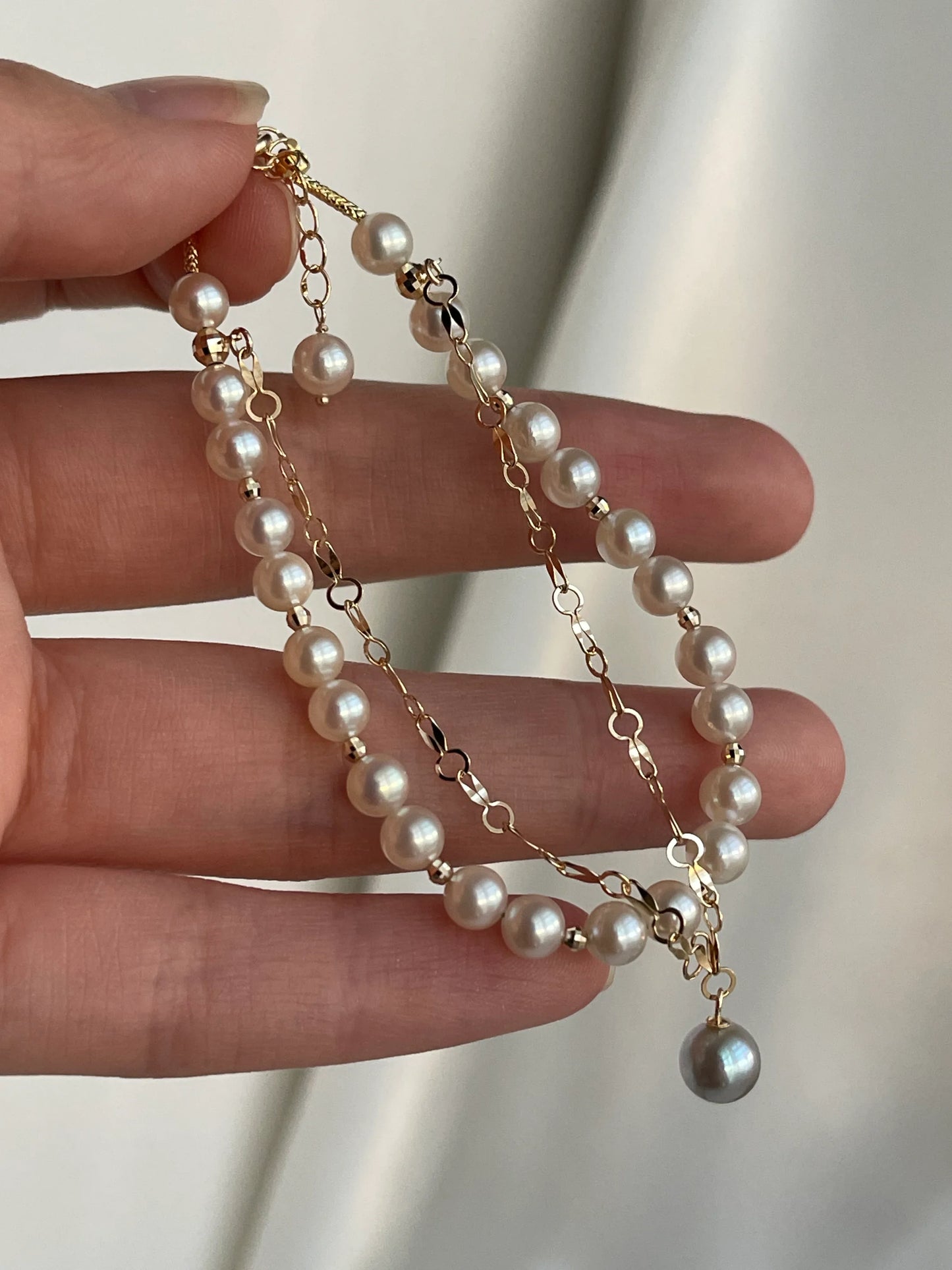 4.5mm Vòng Tay Lớp Đôi Dây Chuyền Vàng Vàng 18K Đính Ngọc Trai Akoya