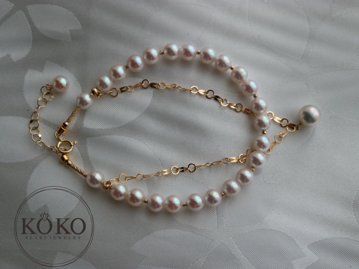 4.5mm Akoya Pearl Beaded 18K Yellow Gold Chain Double Layered Bracelet - KOKOPEARLJEWELRY - 4
