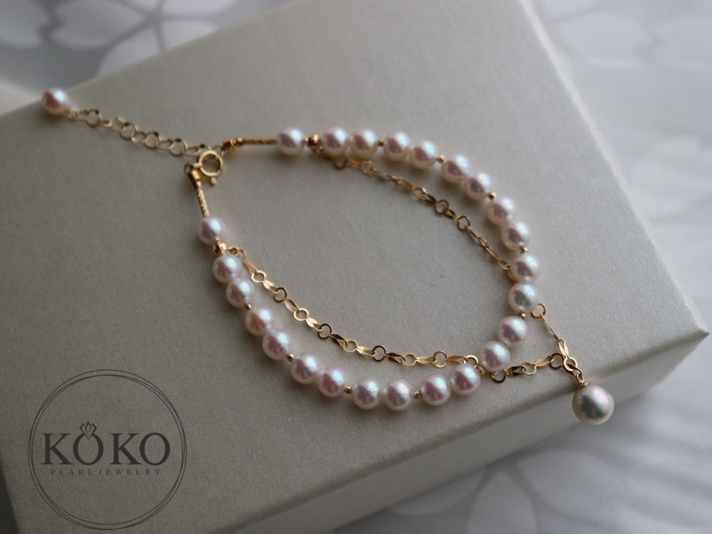 4.5mm Akoya Pearl Beaded 18K Yellow Gold Chain Double Layered Bracelet - KOKOPEARLJEWELRY - 5
