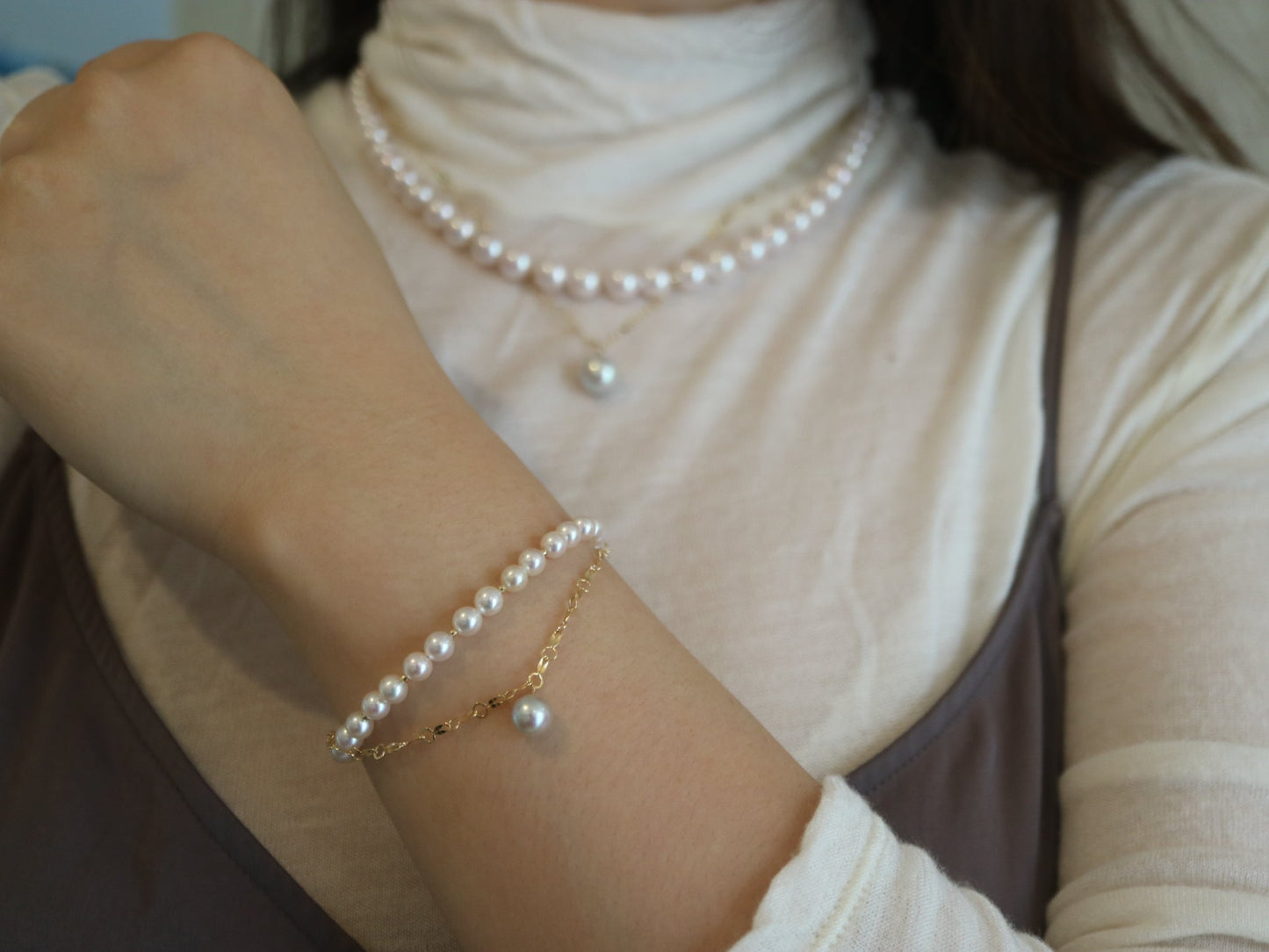 4.5mm Akoya Pearl Beaded 18K Yellow Gold Chain Double Layered Bracelet - KOKOPEARLJEWELRY - 3