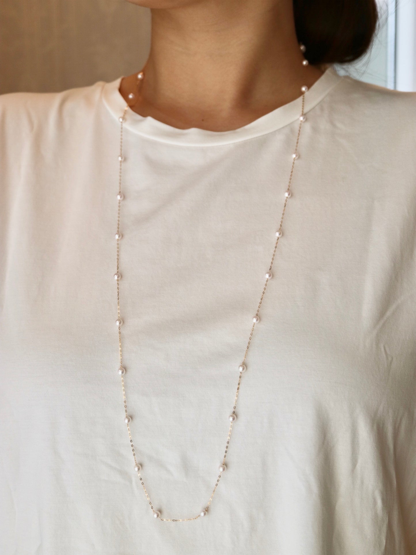 90cm 4.5mm アコヤ真珠 ステーション ロングネックレス 18K イエローゴールド