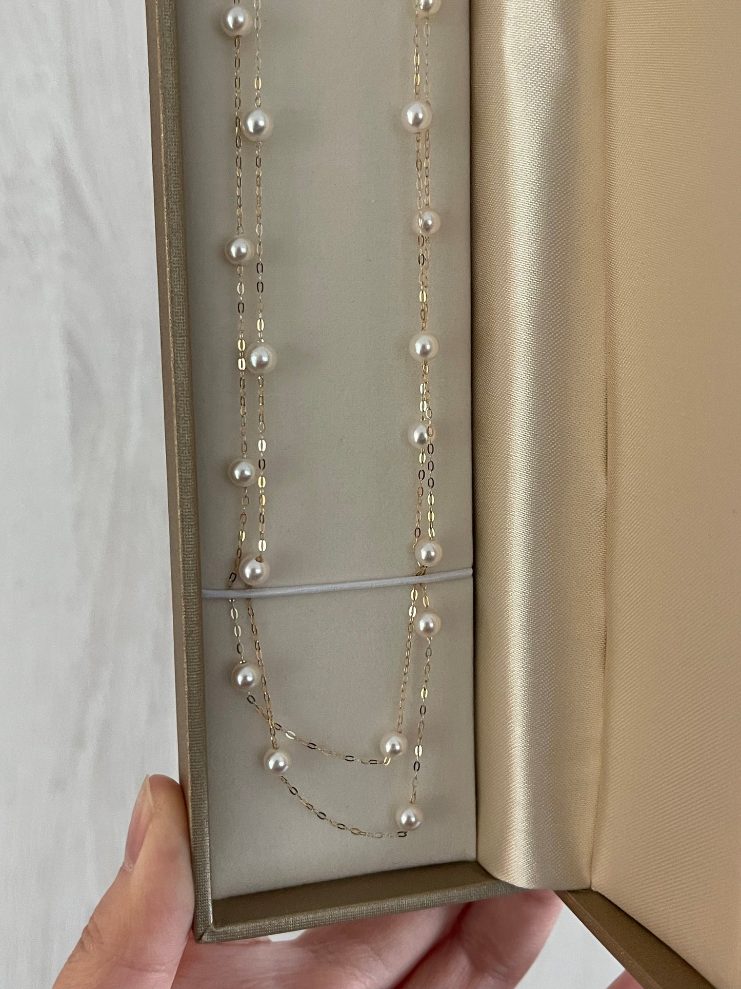 90cm 4.5mm アコヤ真珠 ステーション ロングネックレス 18K イエローゴールド