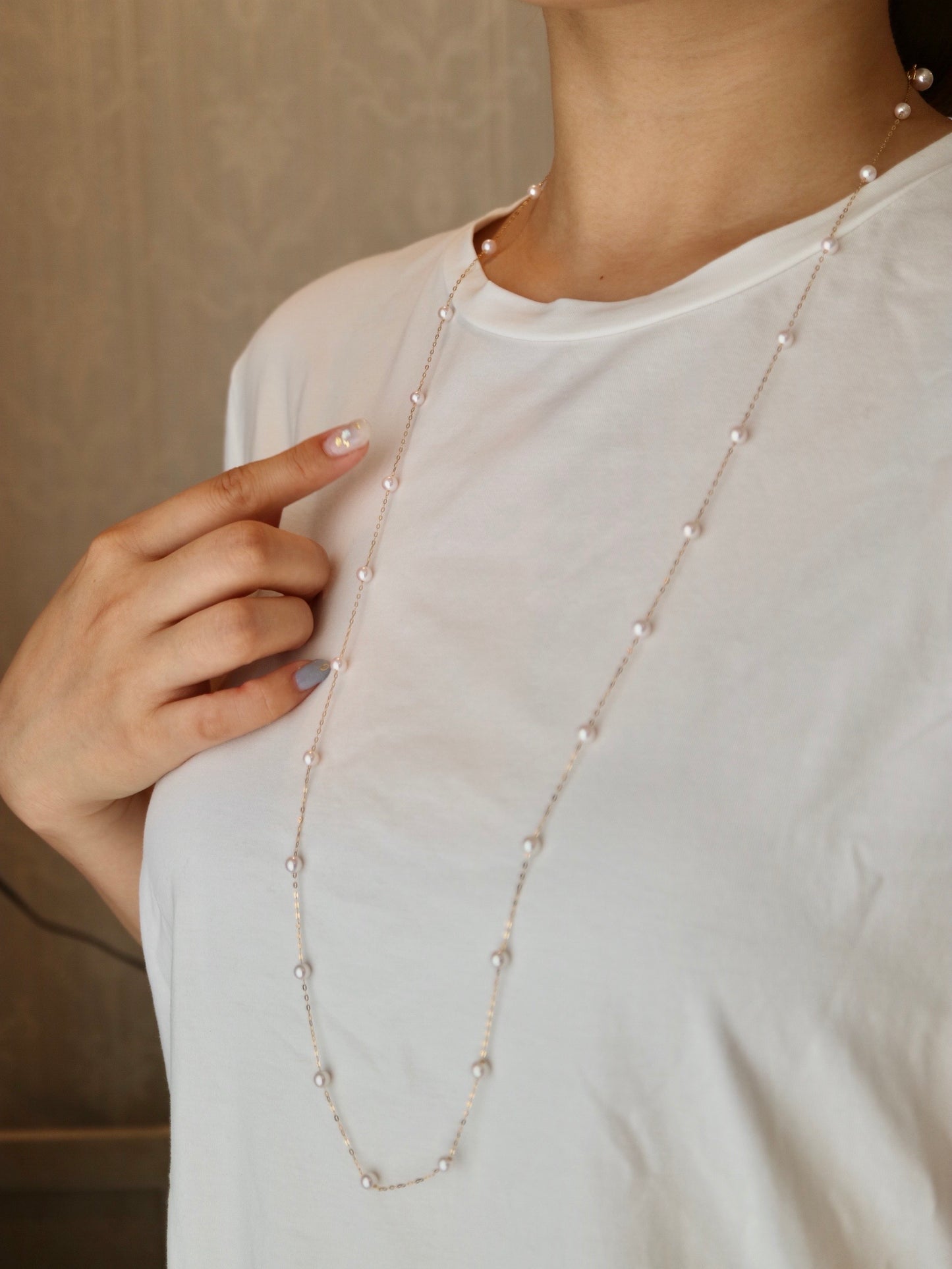 90cm 4.5mm アコヤ真珠 ステーション ロングネックレス 18K イエローゴールド