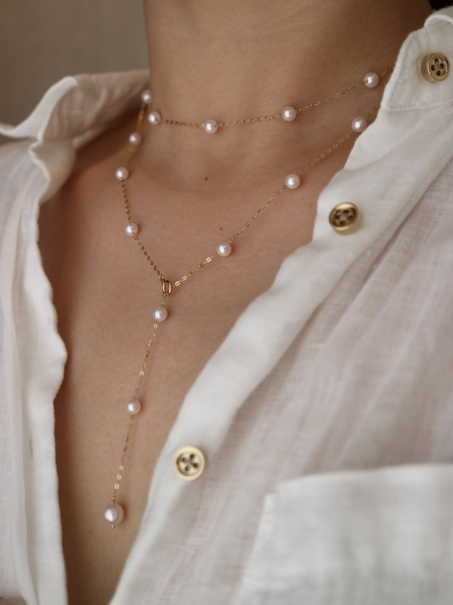 90cm 4.5mm アコヤ真珠 ステーション ロングネックレス 18K イエローゴールド