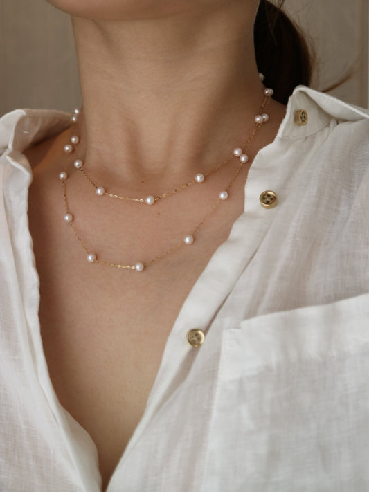90cm 4.5mm Akoya Pearl Station Long Necklace 18K Yellow Gold - KOKOPEARLJEWELRY - 1