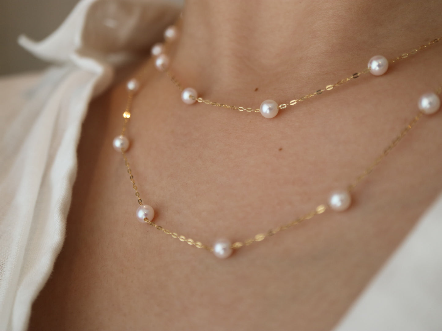 90cm 4.5mm アコヤ真珠 ステーション ロングネックレス 18K イエローゴールド
