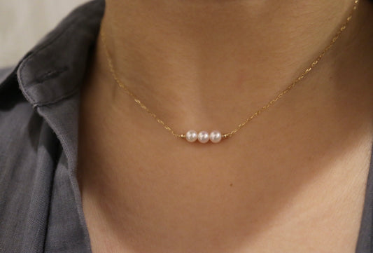 4.5mm Akoya Pearl Three Pearl Bar Pendant Necklace 10K Yellow Gold - KOKOPEARLJEWELRY - 1