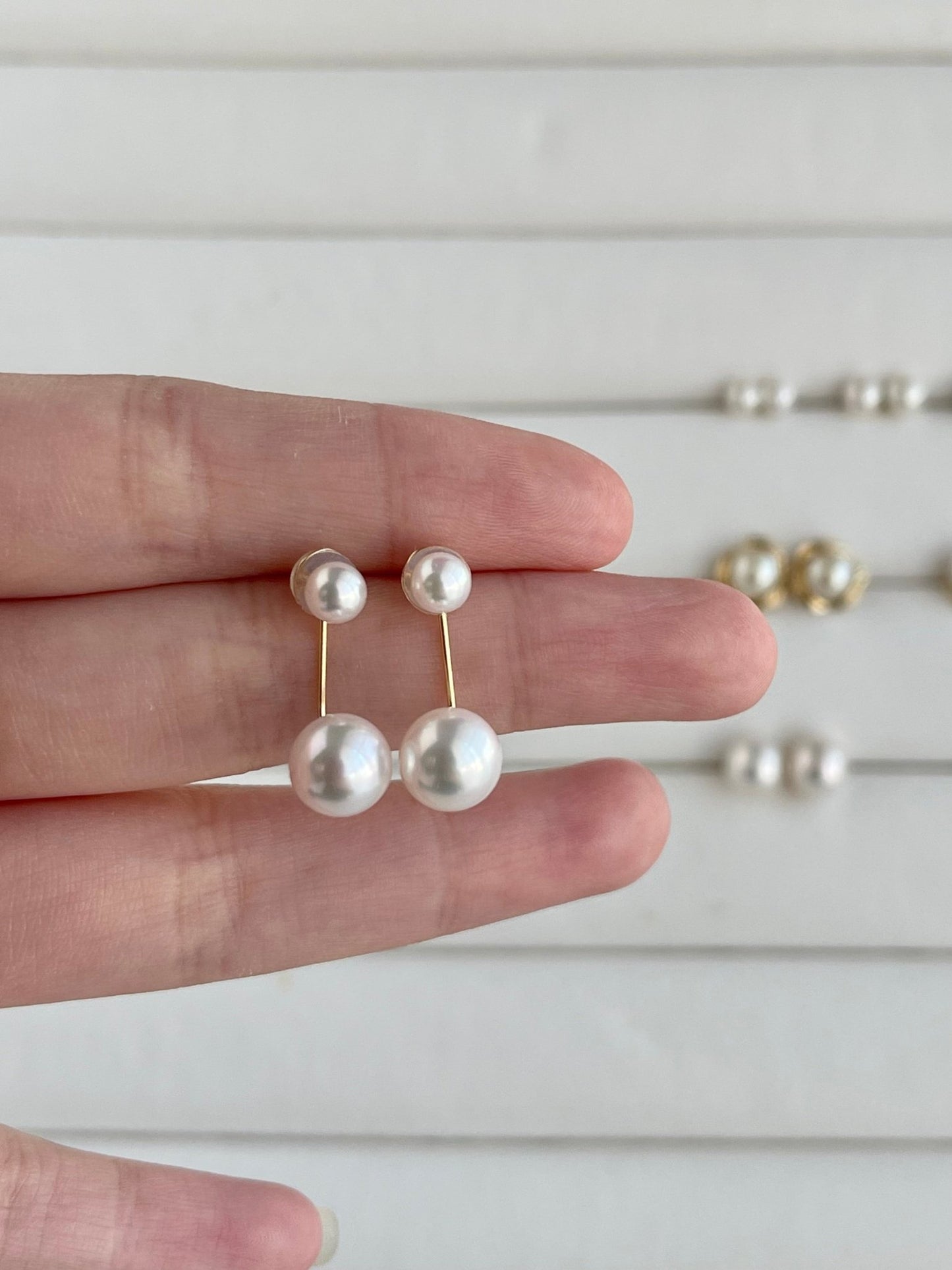2ways wearing 4.5+8mm Akoya pearl L shaped earrings 18k yellow gold - KOKOPEARLJEWELRY - 4