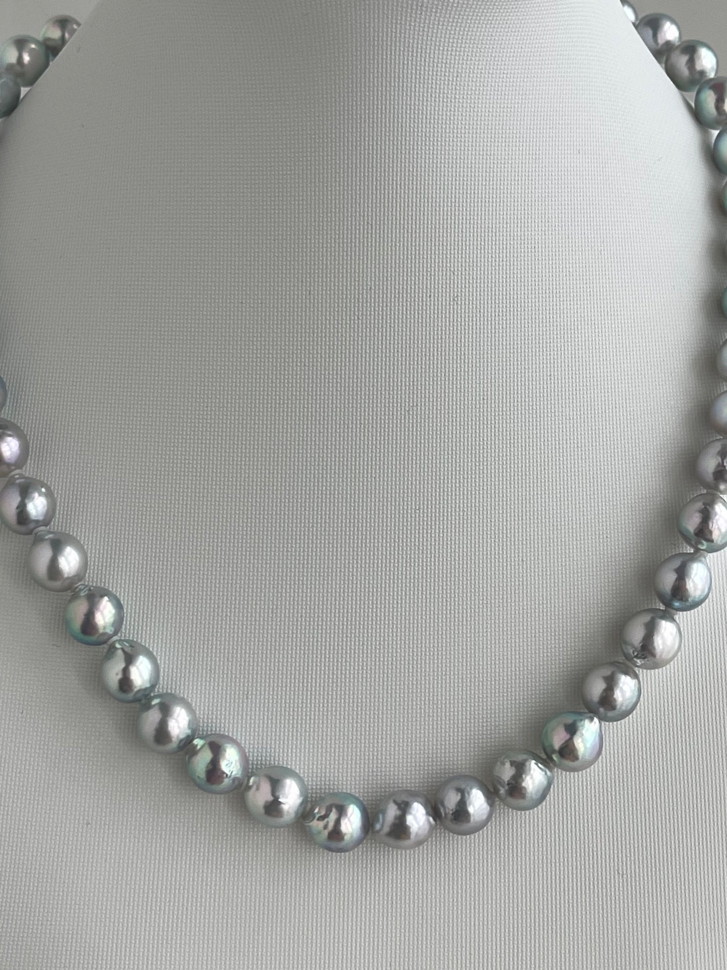 Certified 8.5mm Natural Silver Blue Tone Baroque Shaped Akoya Pearl Strand Necklace
