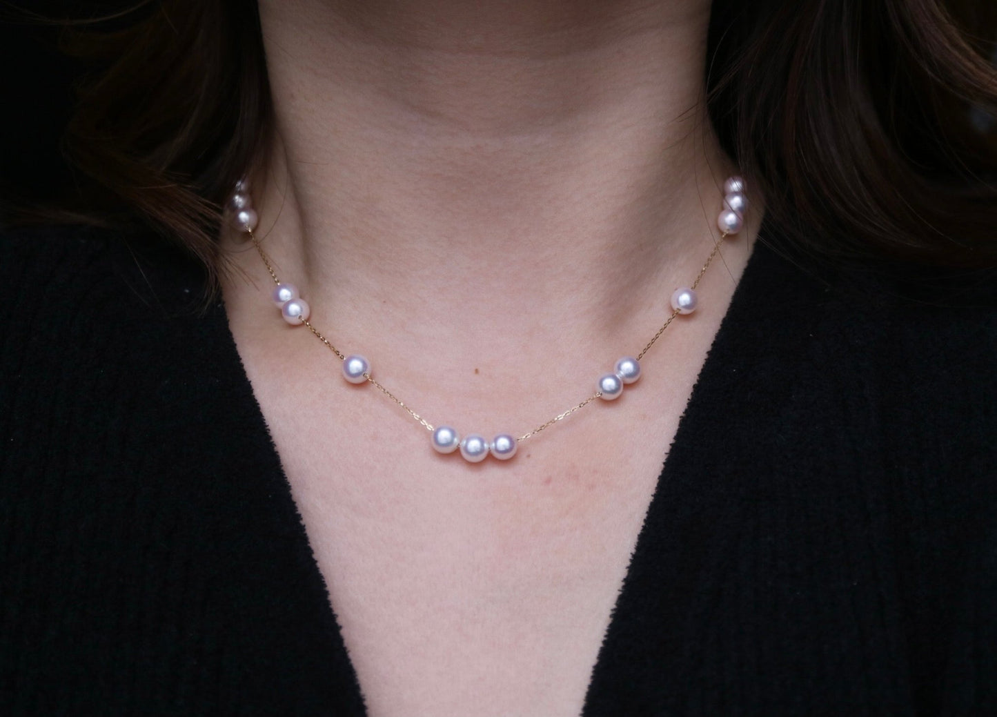 Movable 6mm Akoya Pearl Station Necklace – 18K Yellow Gold All - in - One - KOKOPEARLJEWELRY - 7