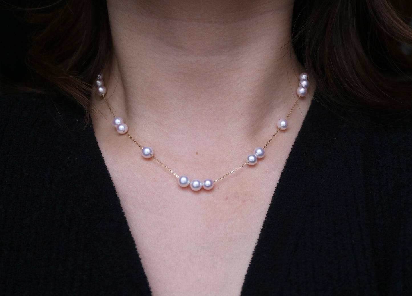 Movable 6mm Akoya Pearl Station Necklace 18K Yellow Gold All-in-One