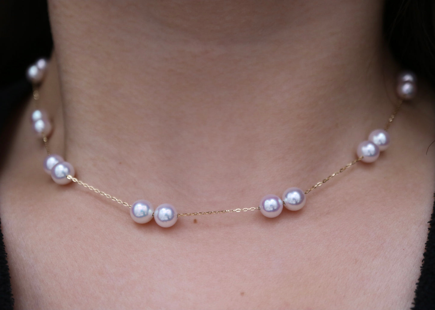 Movable 6mm Akoya Pearl Station Necklace 18K Yellow Gold All-in-One