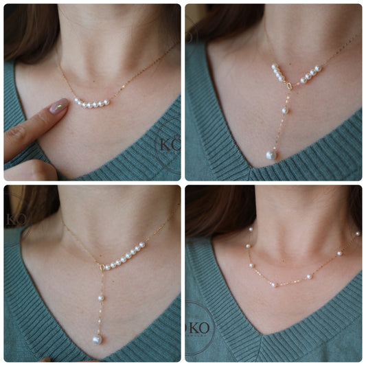 18K Yellow Gold Movable Akoya Pearl Station Necklace, 4mm, All-in-One Design