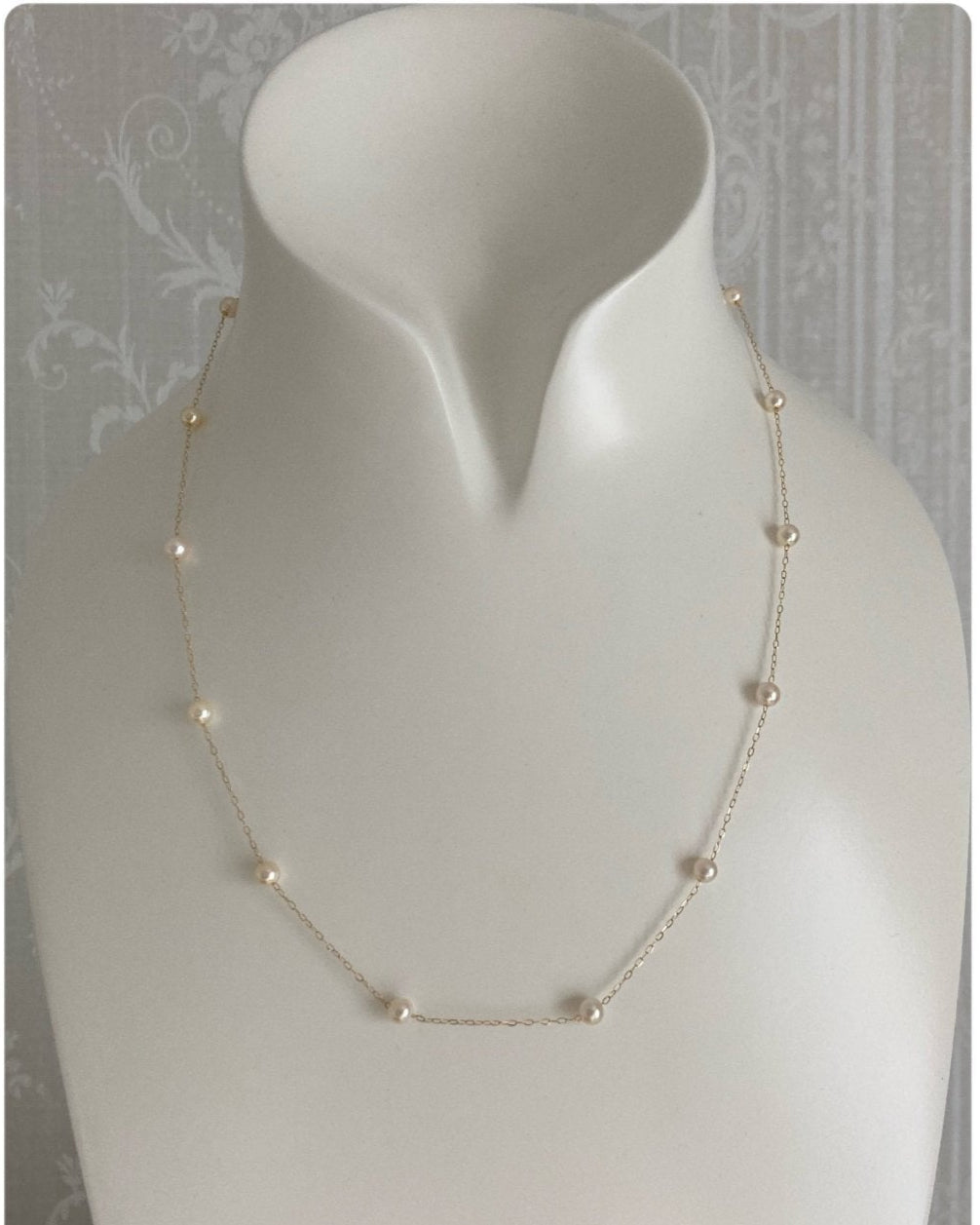 4–4.5mm Japanese Akoya Pearl Station Necklace – Champagne Tone, 10K Yellow Gold - KOKOPEARLJEWELRY - 9