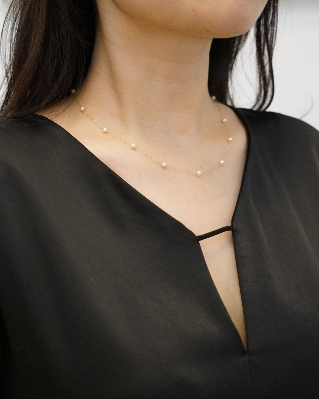 4–4.5mm Japanese Akoya Pearl Station Necklace – Champagne Tone, 10K Yellow Gold - KOKOPEARLJEWELRY - 2