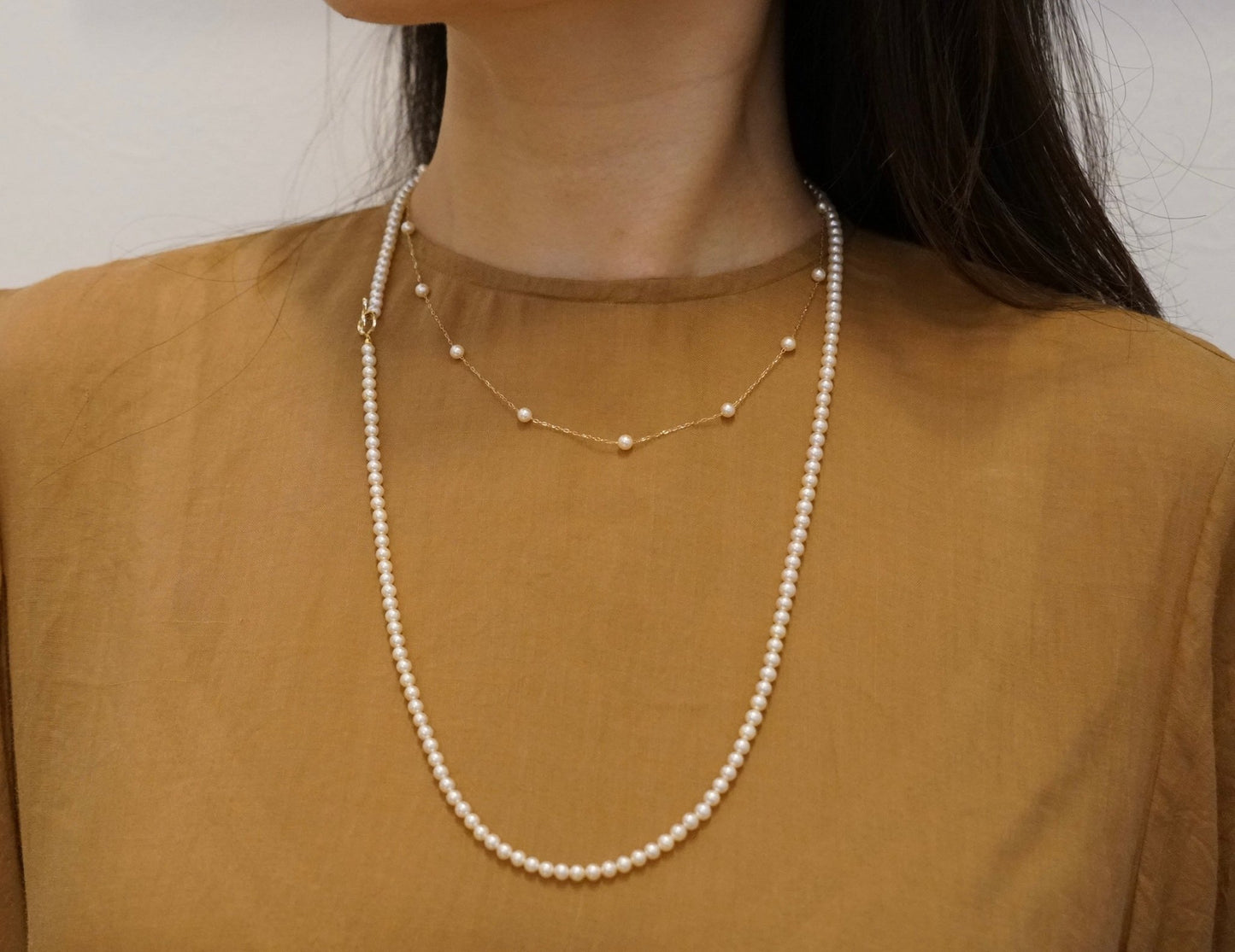 4–4.5mm Japanese Akoya Pearl Station Necklace – Champagne Tone, 10K Yellow Gold - KOKOPEARLJEWELRY - 7