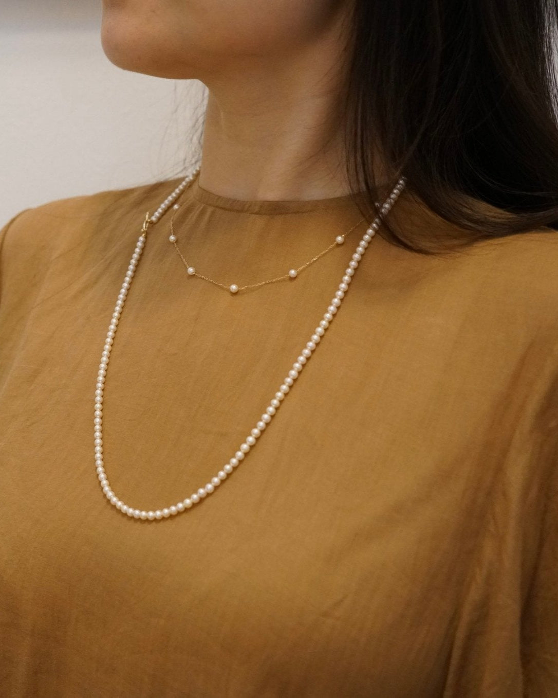 4–4.5mm Japanese Akoya Pearl Station Necklace – Champagne Tone, 10K Yellow Gold - KOKOPEARLJEWELRY - 6