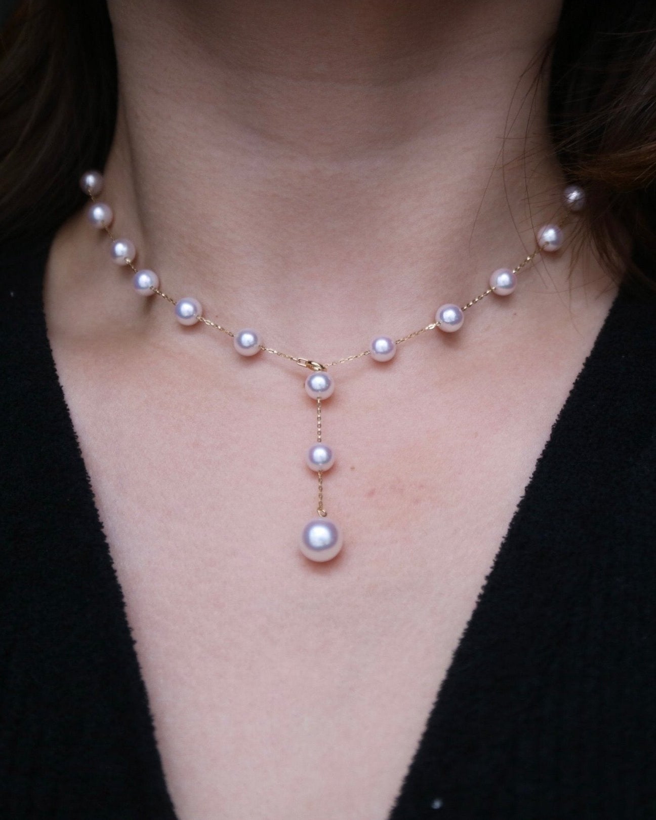 Movable 6mm Akoya Pearl Station Necklace – 18K Yellow Gold All - in - One - KOKOPEARLJEWELRY - 1