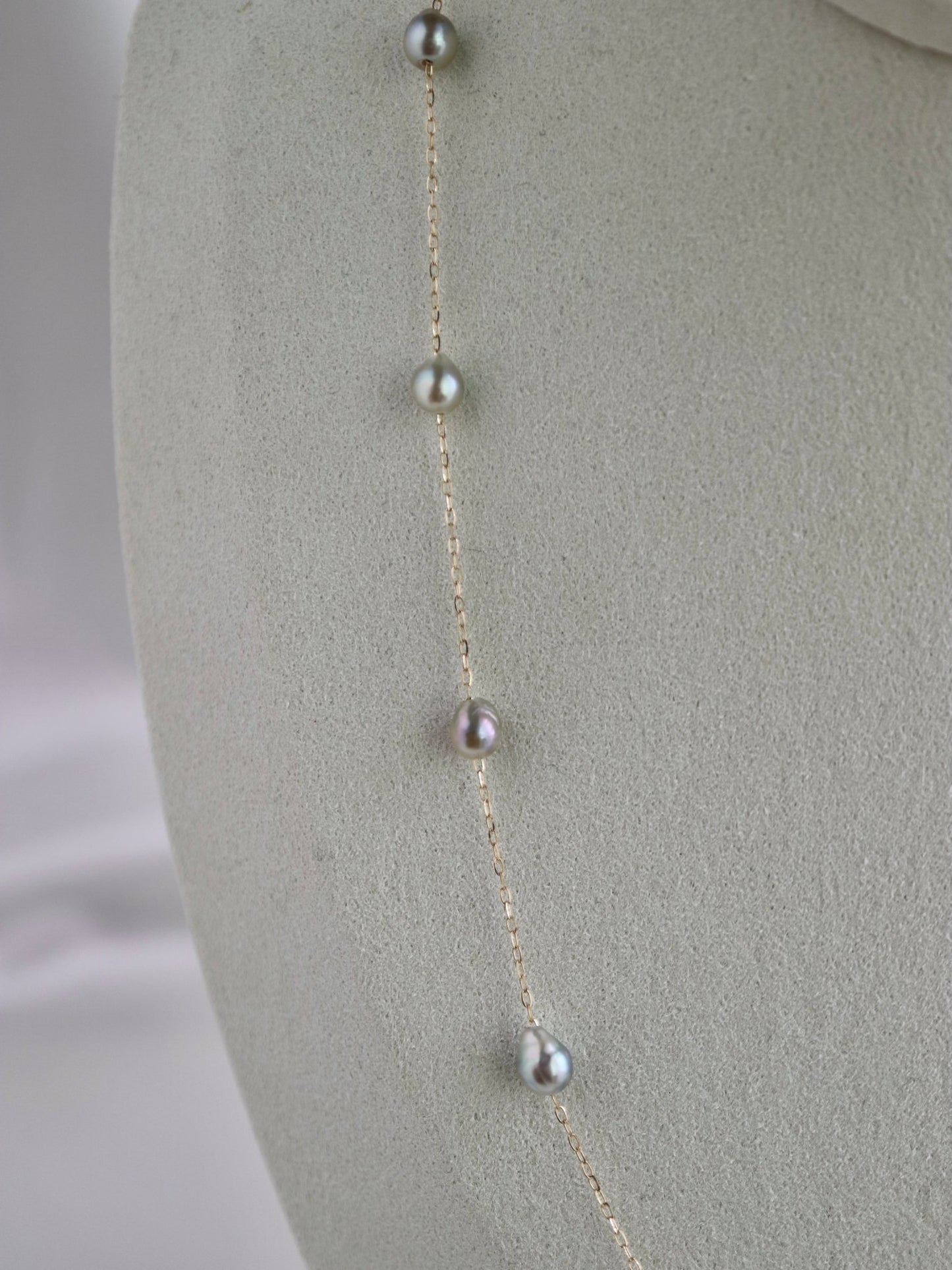 Natural Silver Blue Baroque Akoya Pearl Station Necklace 10K Yellow Gold - KOKOPEARLJEWELRY - 8