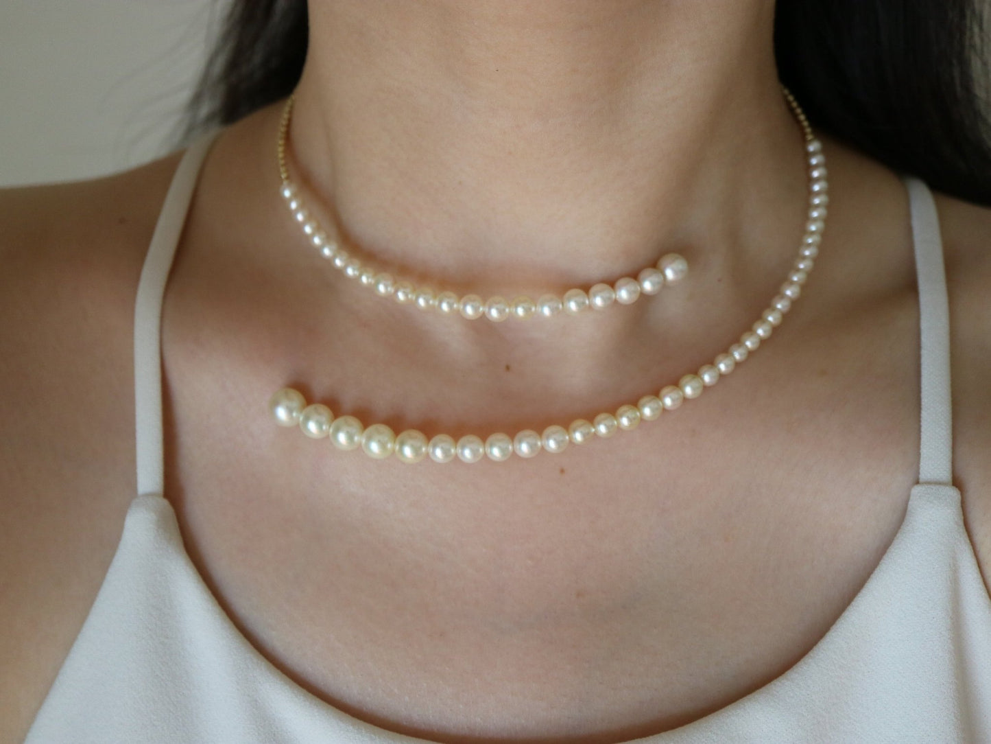 Gradient Sized Akoya Pearl & 10K Gold Beads Memory Wire Choker Necklace - KOKOPEARLJEWELRY - 6