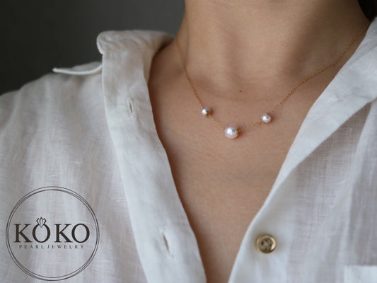 Movable 5+7mm Three Akoya Pearl Pendant Necklace 18K Yellow Gold - KOKOPEARLJEWELRY - 1