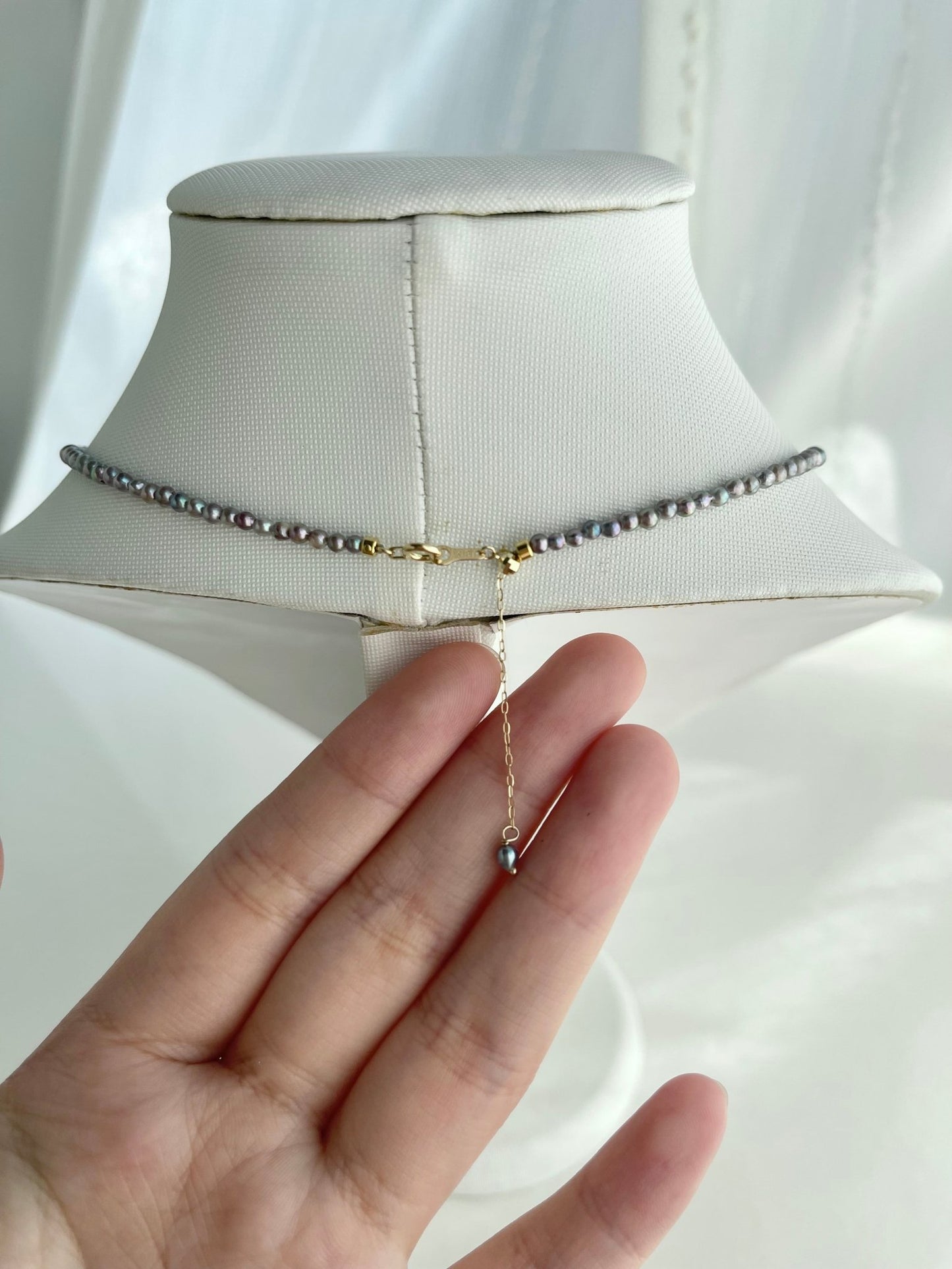 Rare 2 - 3mm Natural Silver Blue Akoya Pearl Strand Necklace with Detachable South Sea Pearl Pendant - KOKOPEARLJEWELRY - 4